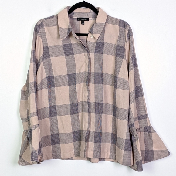 Lane Bryant Plaid Button Down Bell Sleeve Top - Picture 1 of 8